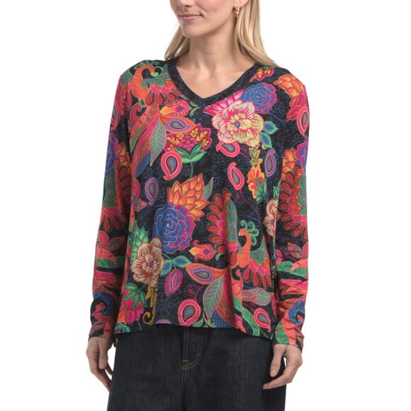 JOHNNY WAS Print The Janie Favorite Long Sleeve V-neck Top - Picture 1 of 2